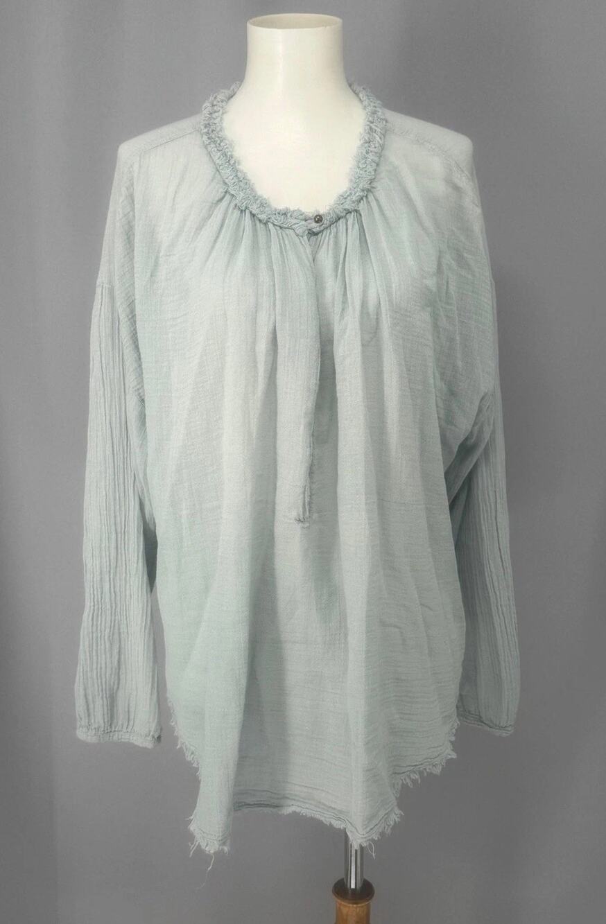 Raquel Allegra Tunic Womens Medium Blue Cotton Gauze Boho Blouse Peasant